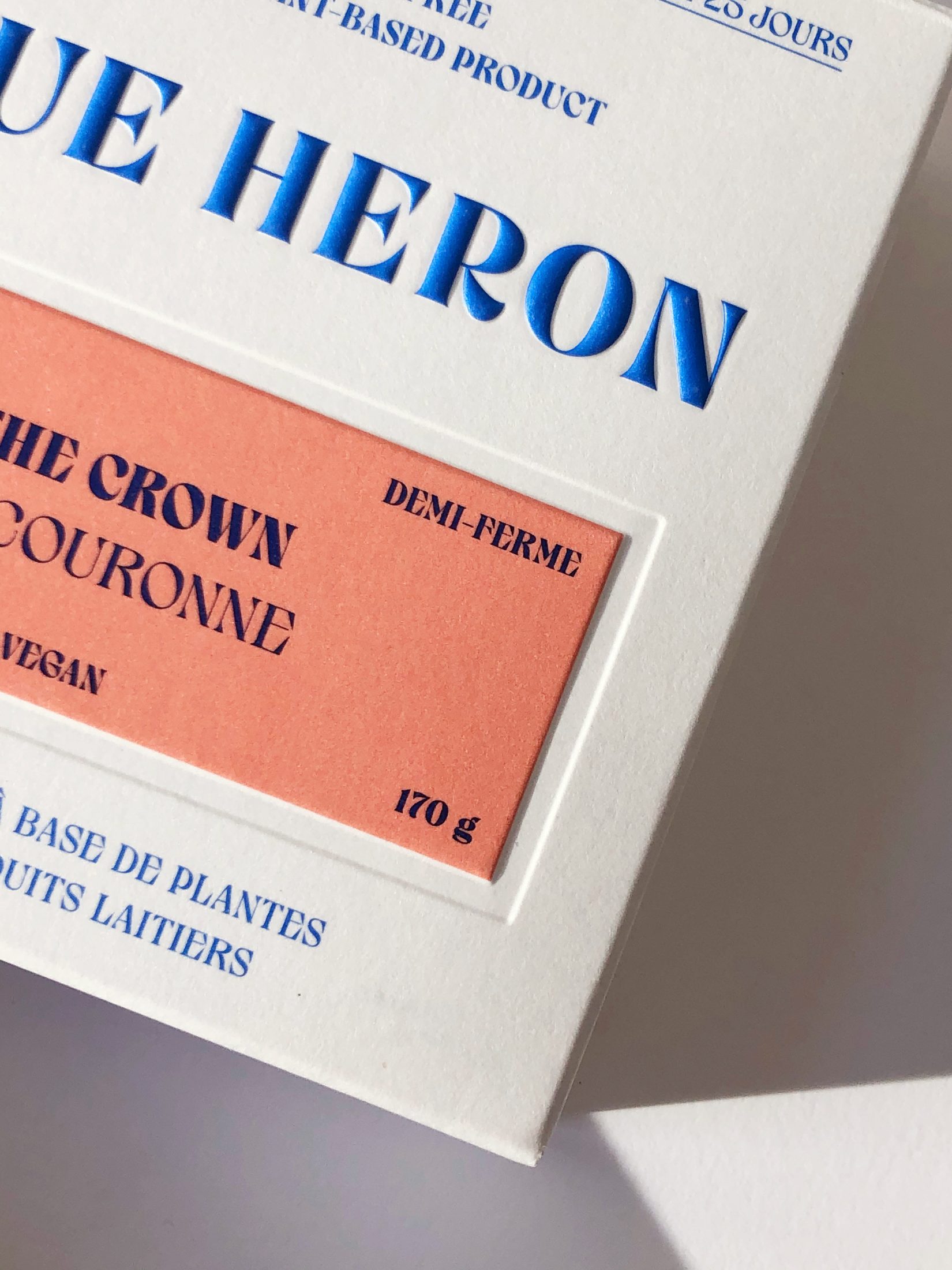 Box design for Blue Heron, plant based cheese.