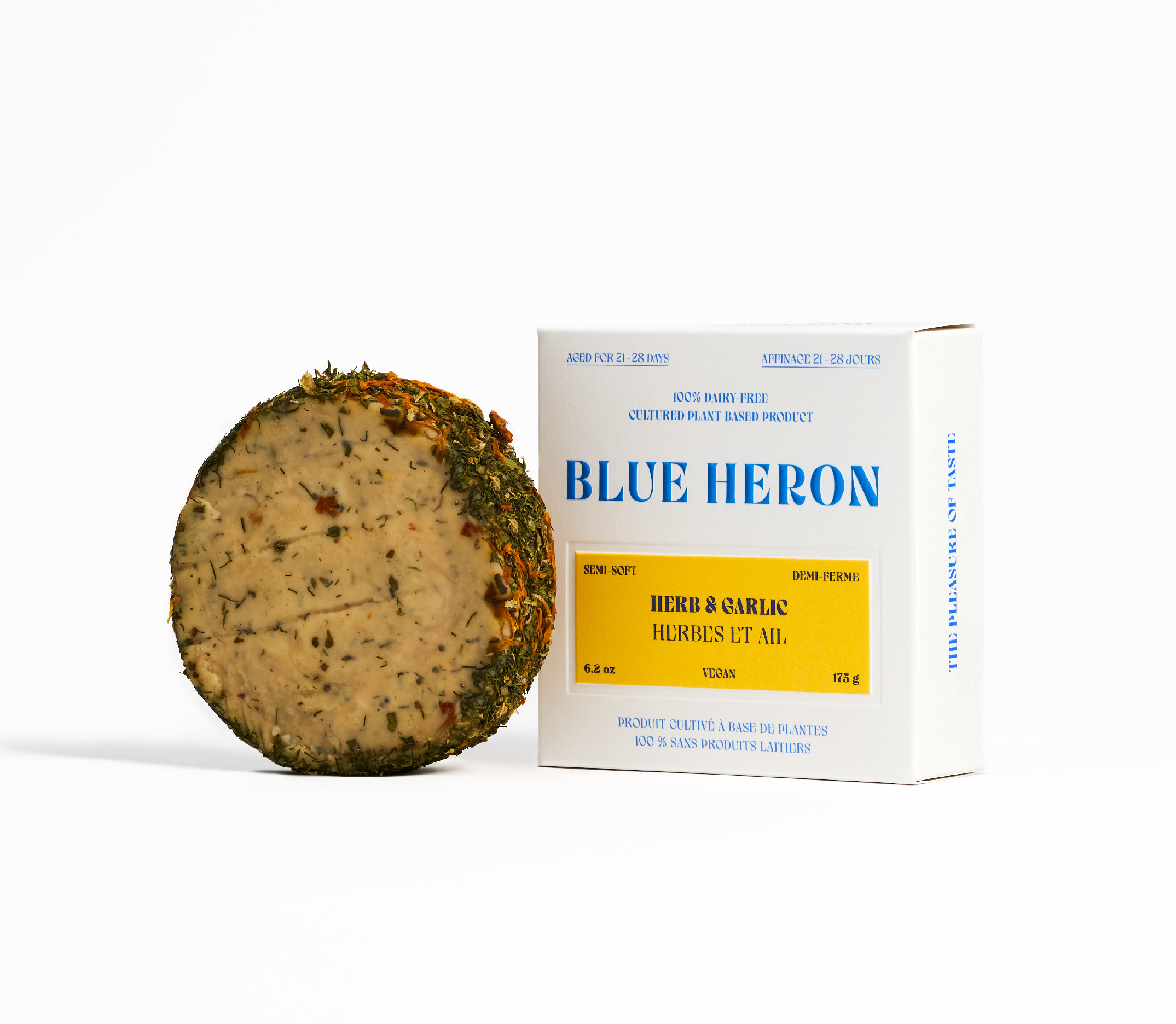 Packaging design for Blue Heron, plant based cheese, Herb & Garlic.