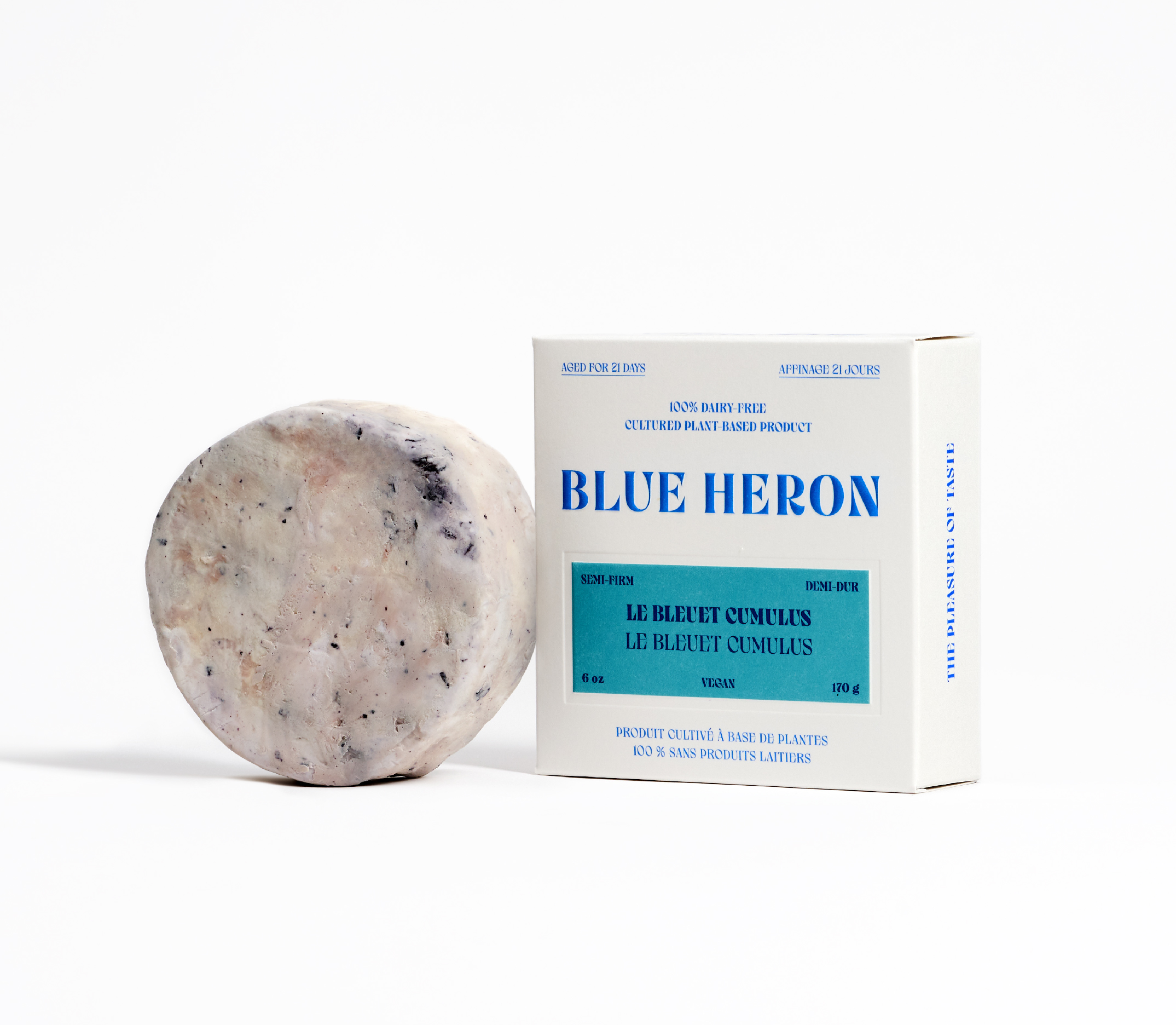Packaging design for Blue Heron, plant based cheese, Le Bleuet Cumulus.