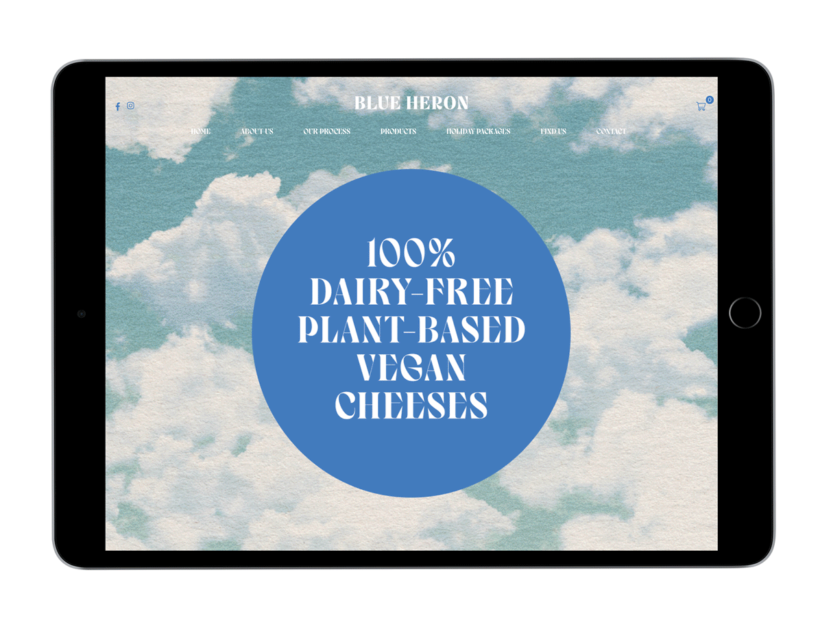 Website design for plant-based cheese brand Blue Heron.