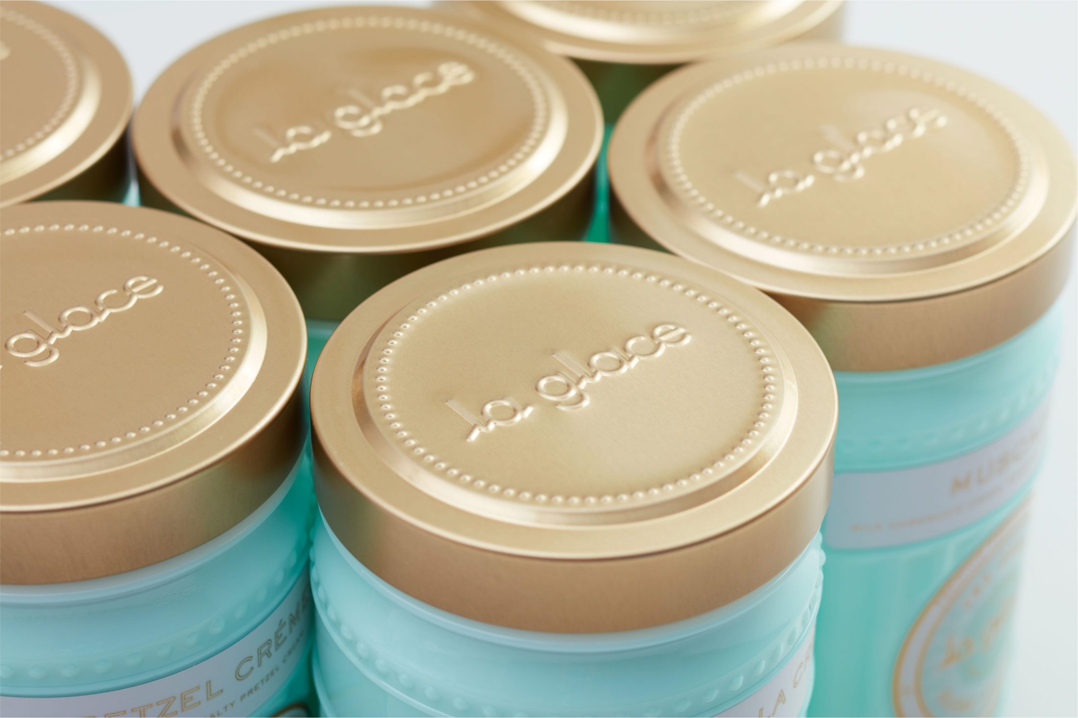 Custom milk glass ice cream jars for La Glace.