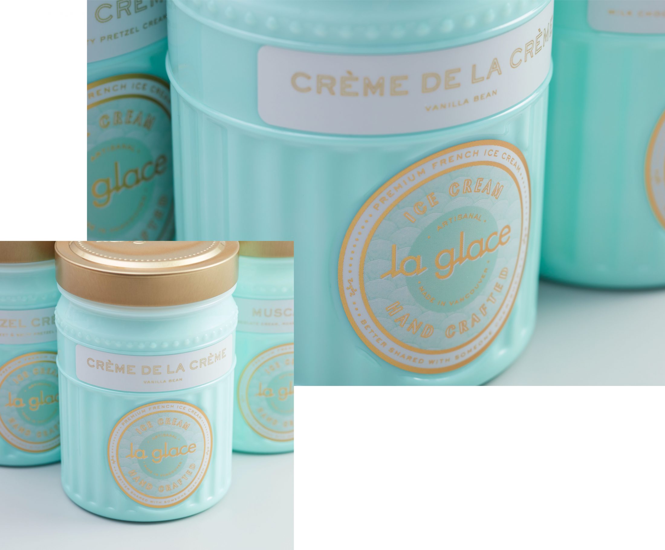 Custom milk glass ice cream jars for La Glace.