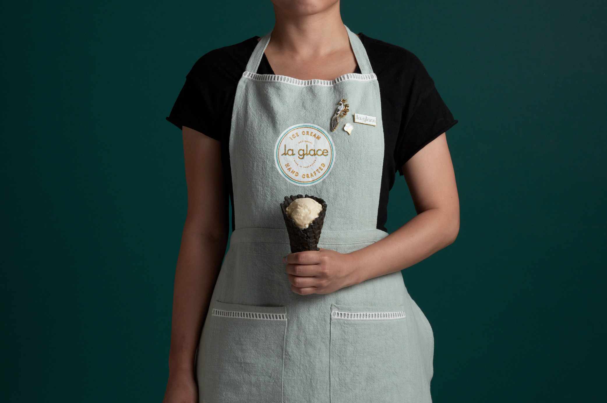 Staff uniform design, apron and pins for La Glace ice cream.