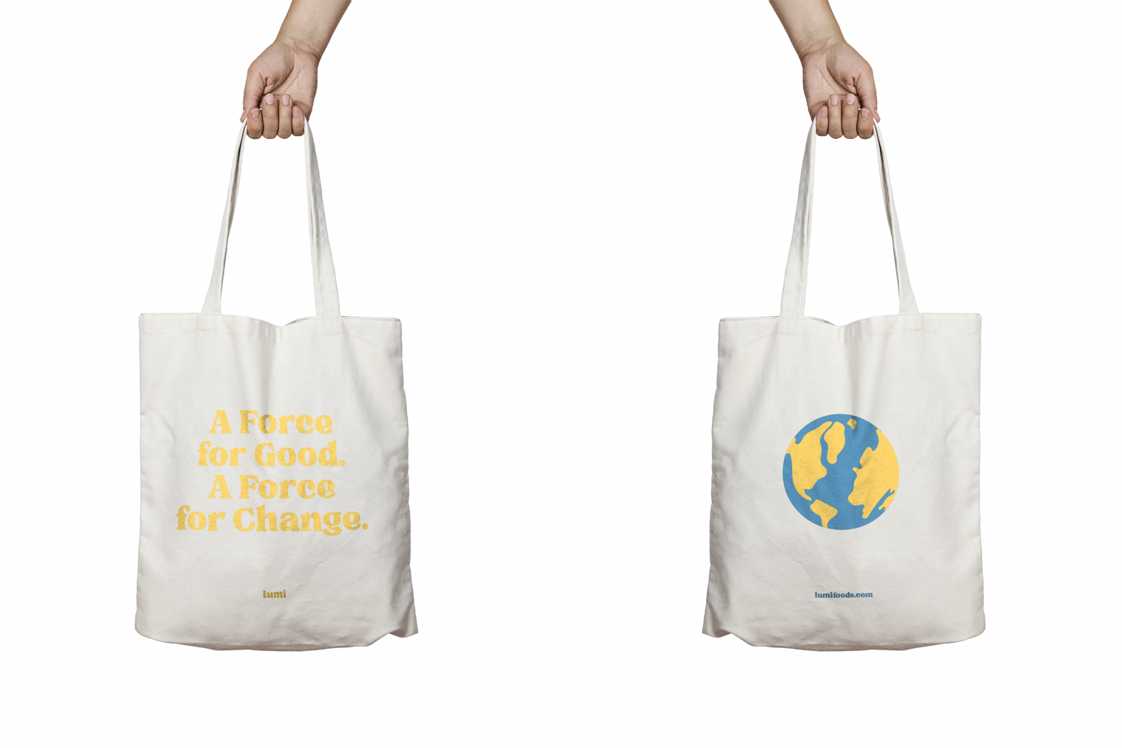 Merchandise tote bag design for vegan dairy brand Lumi.
