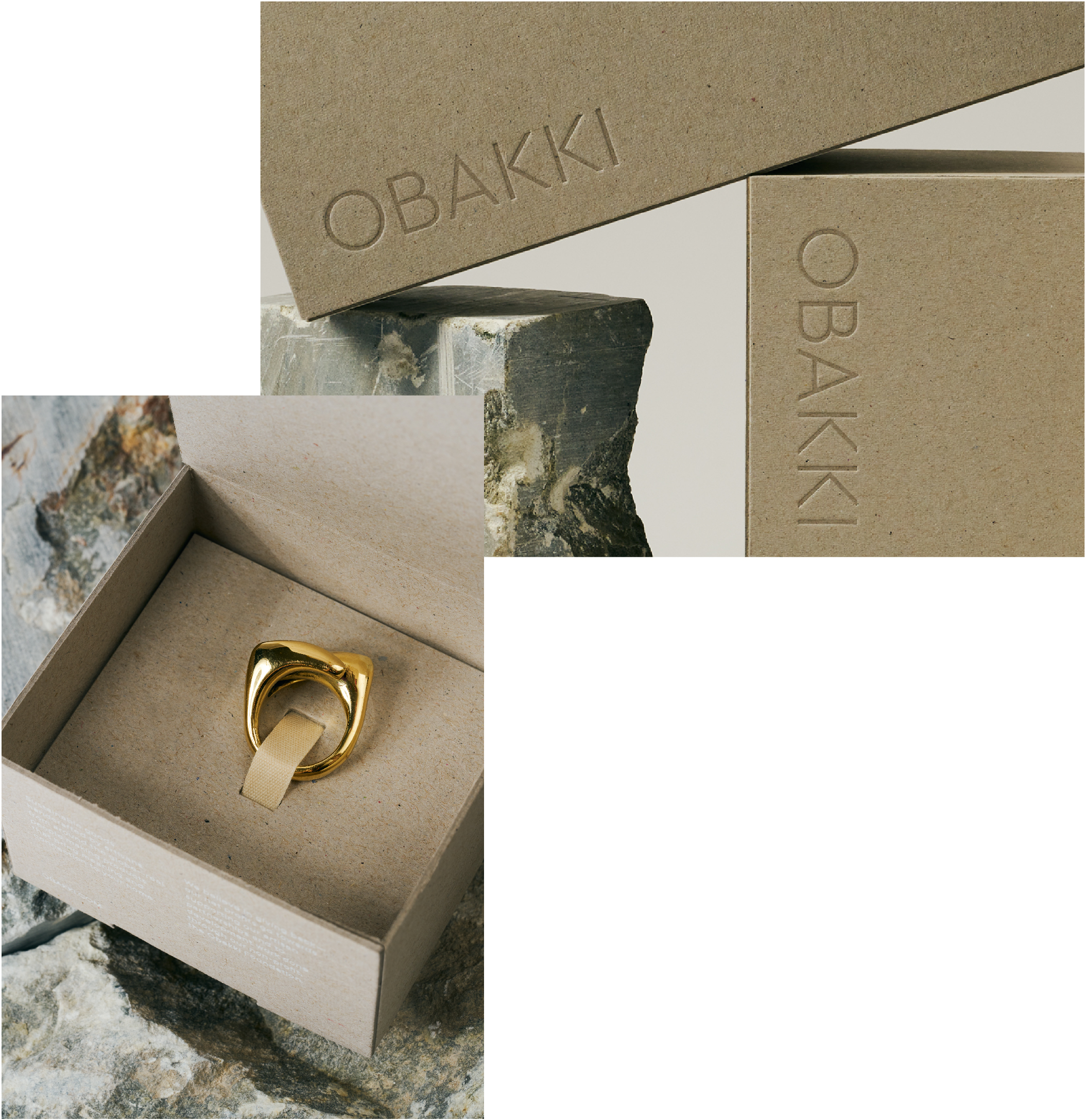Plastic free packaging design for homewares, jewelry and beauty products for Obakki.