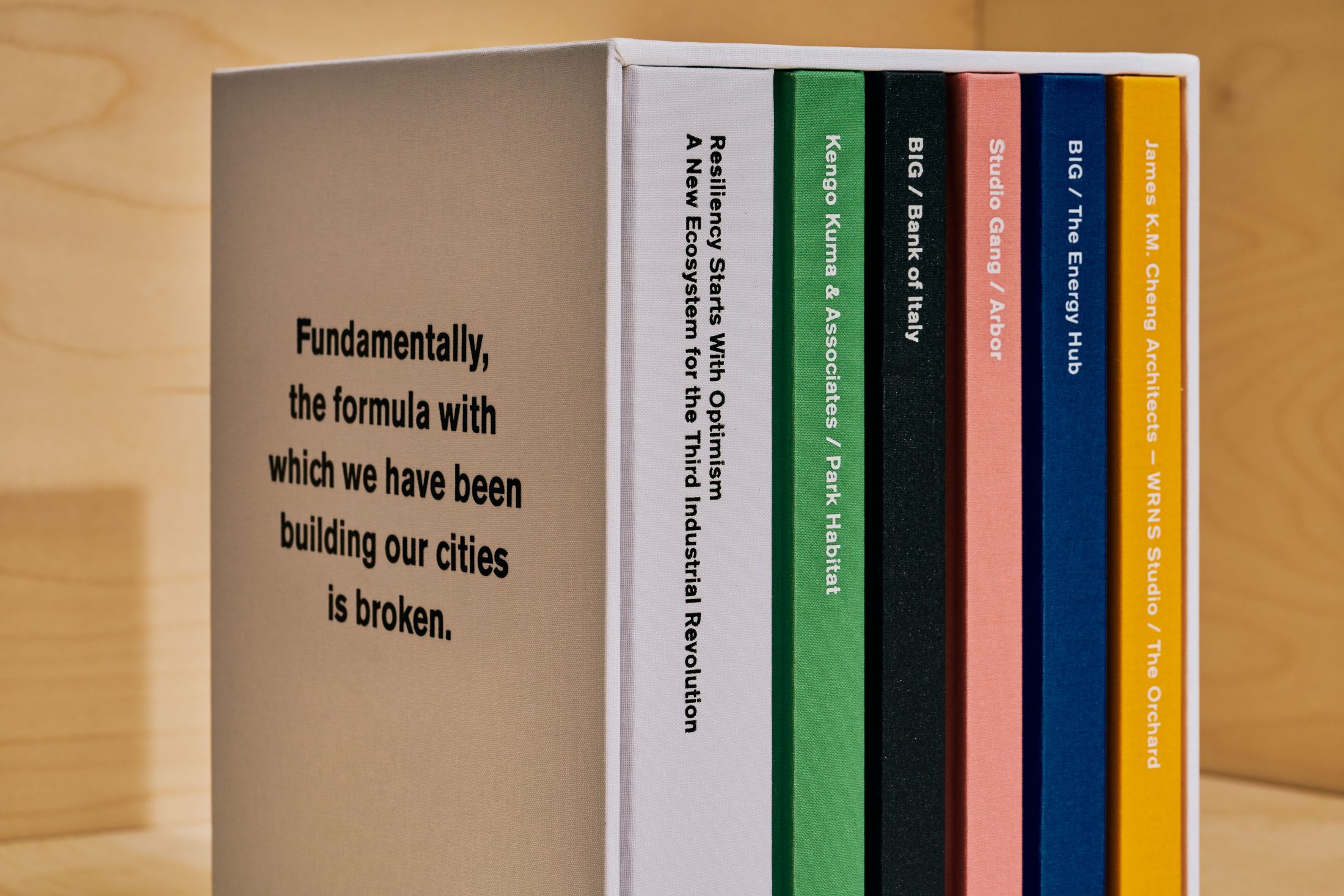 Publication design for an architectural box set of six books featuring Kengo Kuma, Bjarke Ingels, Studio Gang.