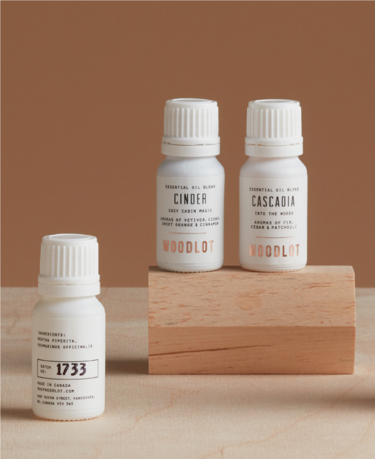 Essential oil packaging design for natural home and body brand, Woodlot