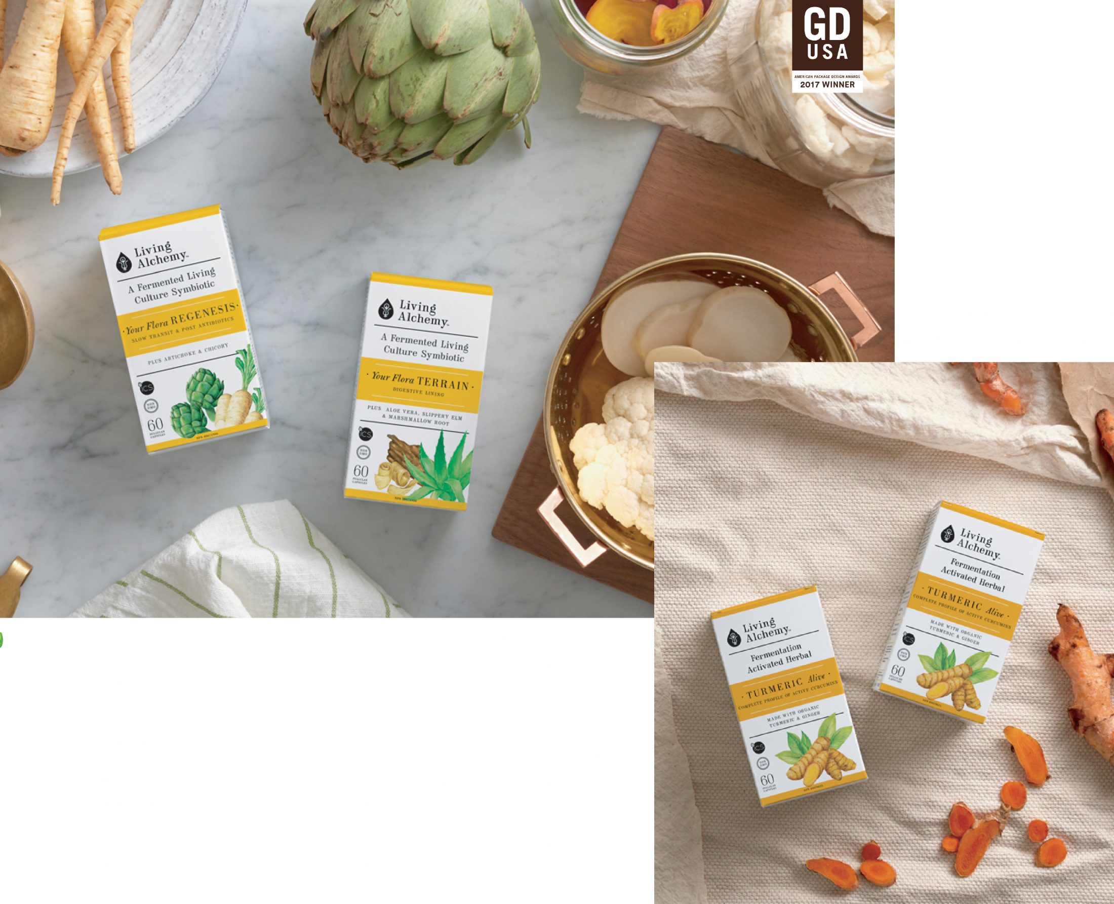 Award winning branding and packaging design for Living Alchemy vitamins and supplements. 