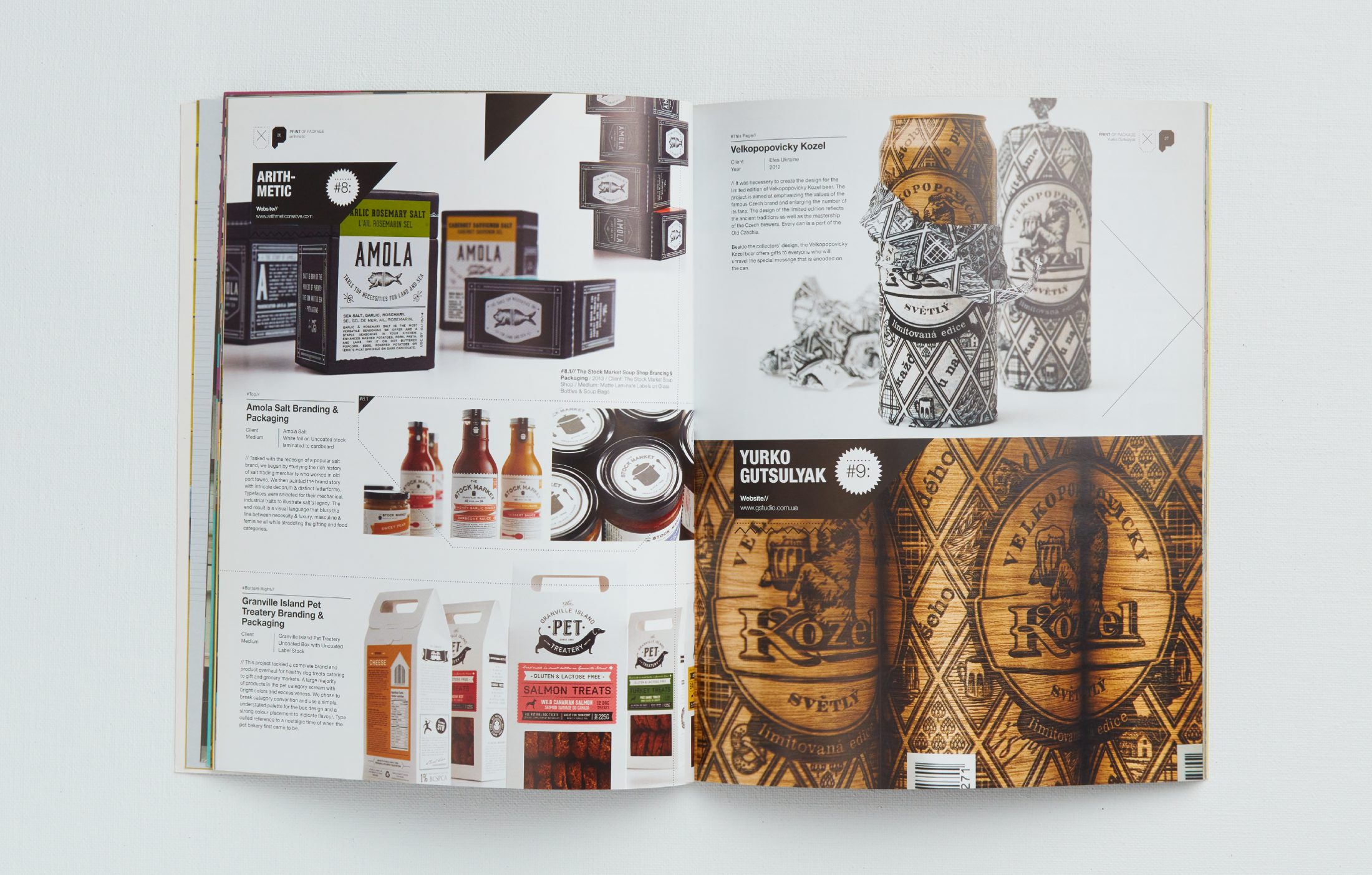 IDN Magazine featuring profile on arithmetic branding and packaging design, Amola, The Stock Market, Granville Island Pet Treatery.