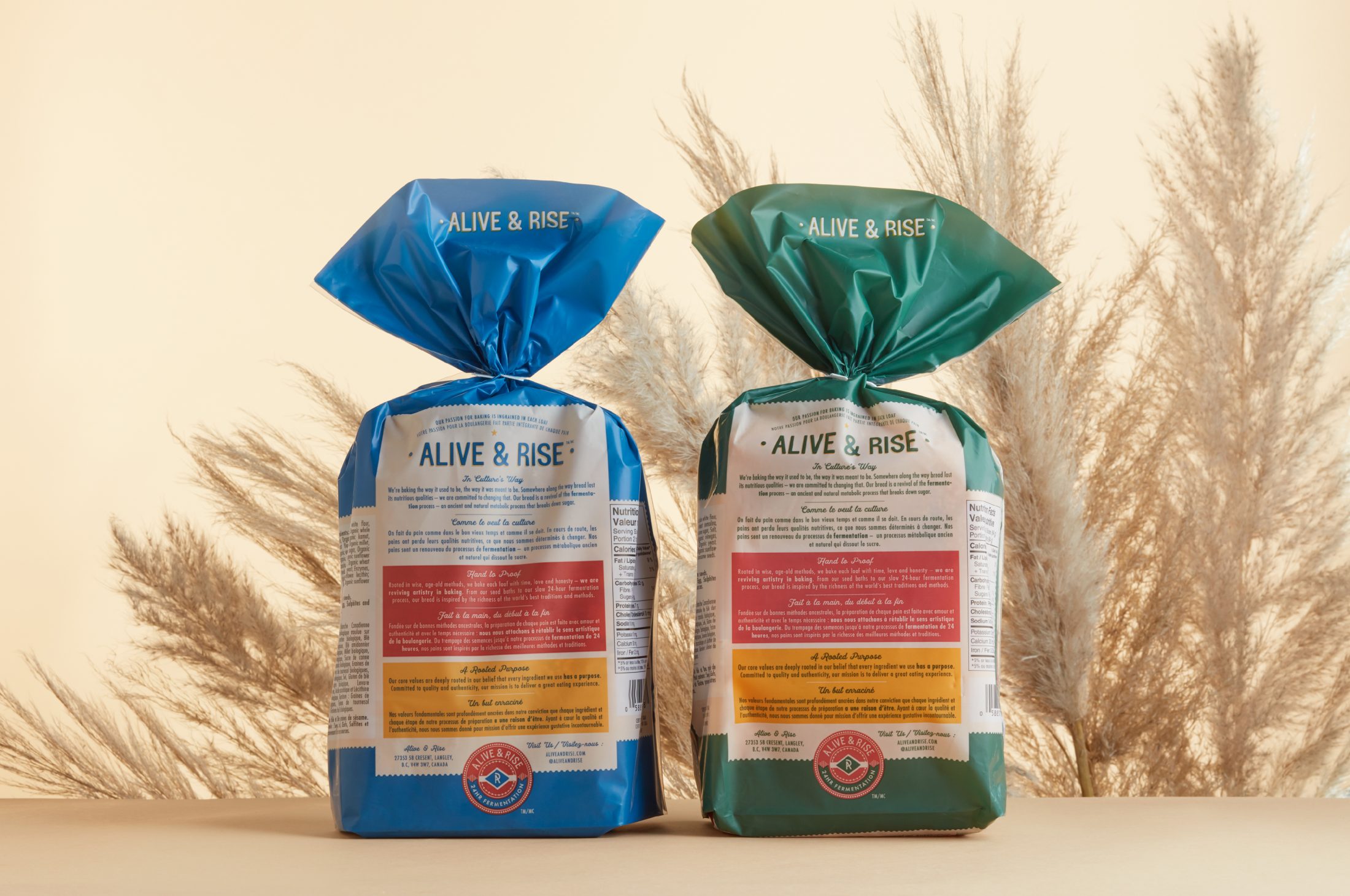 Branding and packaging design for Alive & Rise bread.